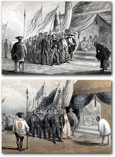 Two versions of Commodore Perry meeting officials at Yokohama