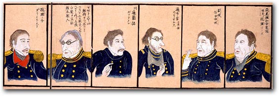 Two colored renderings based on Hibata Osuke’s 1854 sketches of Perry and five other