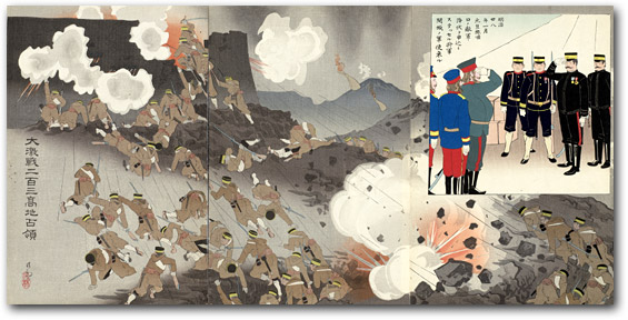 “In the Battle of Nanshan Our Troops Took Advantage of a Violent Thunderstorm and Charged the Enemy Fortress” by Kobayashi Kiyochika, 1904[2000_077] Sharf Collection, Museum of Fine Arts, Boston