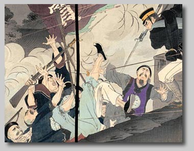 “The Skillful Harada Jūkichi of the First Army in the Attack of Hyonmu Gate (Genbumon) Leads the Fierce Fight” by Mizuno Toshikata, October 1894 (detail) [2000_101] Sharf Collection, Museum of Fine Arts, Boston