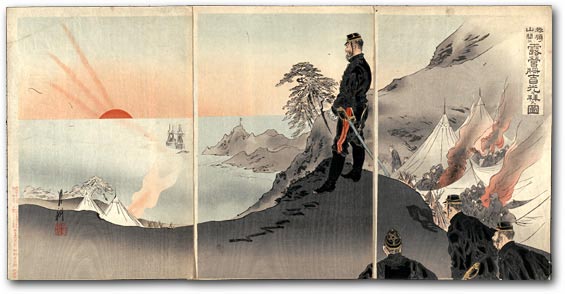 “Officers and Men Worshipping the Rising Sun While Encamped in the Mountains of Port Arthur”by Ogata Gekkō, December 1894 [2000_154] Sharf Collection, Museum of Fine Arts, Boston