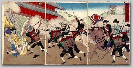 “Minister Otori Protecting the Korean Emperor as They Enter the Castle at Keijo”
          by Toyohara Chikanobu, 1894 [2000.203]  Sharf Collection, Museum of Fine Arts, Boston