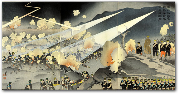 “In the Battle of Nanshan Our Troops Took Advantage of a Violent Thunderstorm and Charged the Enemy Fortress” by Kobayashi Kiyochika, 1904 [2000_239] Sharf Collection, Museum of Fine Arts, Boston