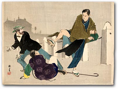 “Allegory of Japanese Power: Japanese Man Kicking a Cowering Chinaman and a Fearful Westerner,” artist unidentified [2000_325] Sharf Collection, Museum of Fine Arts, Boston