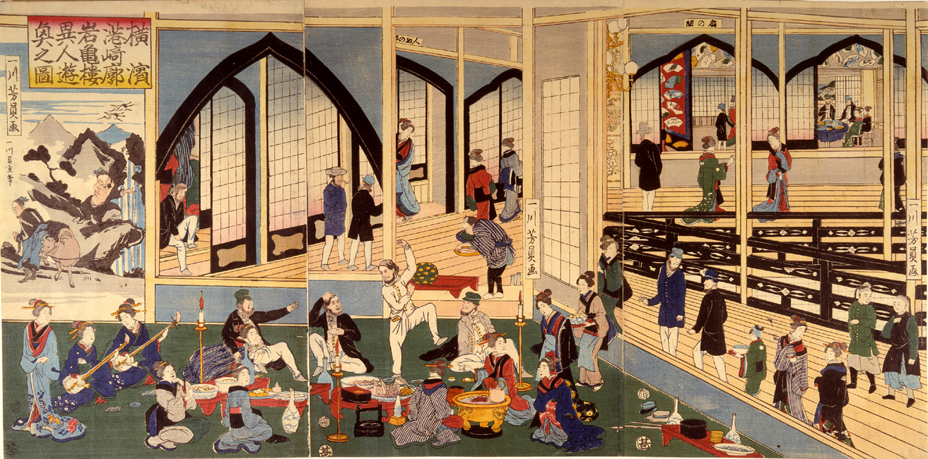 “Picture of Foreigners' Revelry at the Gankirō in the Miyozaki Quarter of Yokohama” by Yoshikazu, 1861 [Y0148]  Arthur M. Sackler Gallery, Smithsonian Institution