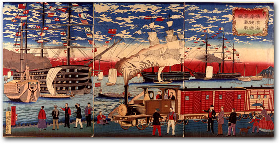 “Picture of a Steam Locomotive along the Yokohama Waterfront” by Hiroshige III, ca. 1874 [Y0182] Arthur M. Sackler Gallery, Smithsonian Institution