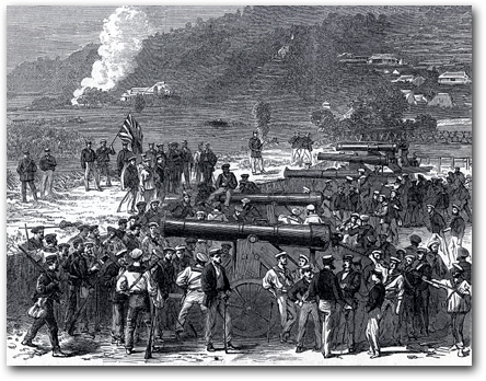 Illustrated London News rendering of the captured batteries in Shimonoseki