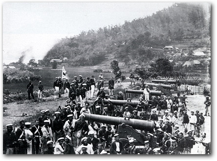 Felice Beato’s well-known photograph of British marines with captured shore batteries at Shimonoseki