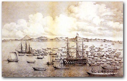 Lithograph depicting Commodore Biddle’s ships