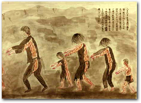 The artist’s text describes a long line of burned people