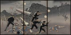  Shinohara Kiyooki 
 Attack on Port Arthur in the Moonlight (Ryôjunkô gekka no kôgeki) Ukiyo-e print
 1894 (Meiji 27), December
 Woodblock print (nishiki-e); ink and color on paper
 Vertical ôban triptych; 35.4 x 71.6 cm (13 15/16 x 28 3/16 in.)

 Museum of Fine Arts, Boston
 2000.177a-c