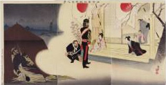  Kobayashi Kiyochika Inoue Kichijir   A Soldier's Dream at Camp during a Truce in the Sino-Japanese War Ukiyo-e print  1895 (Meiji 28), April  Woodblock print (nishiki-e); ink and color on paper  Vertical ban triptych; 37.2 x 75.1 cm (14 5/8 x 29 9/16 in.)   Museum of Fine Arts, Boston  2000.279a-c