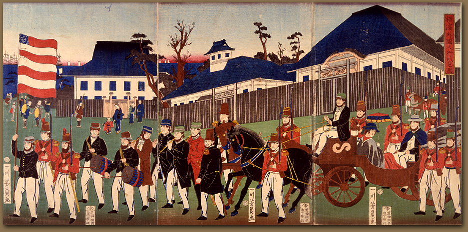“Picture of a Procession of Foreigners at Yokohama” by Yoshikazu, 1861:2 Prints from the collection of Leonhardt, exhibited in the Sackler Gallery of the Smithsonian Institution