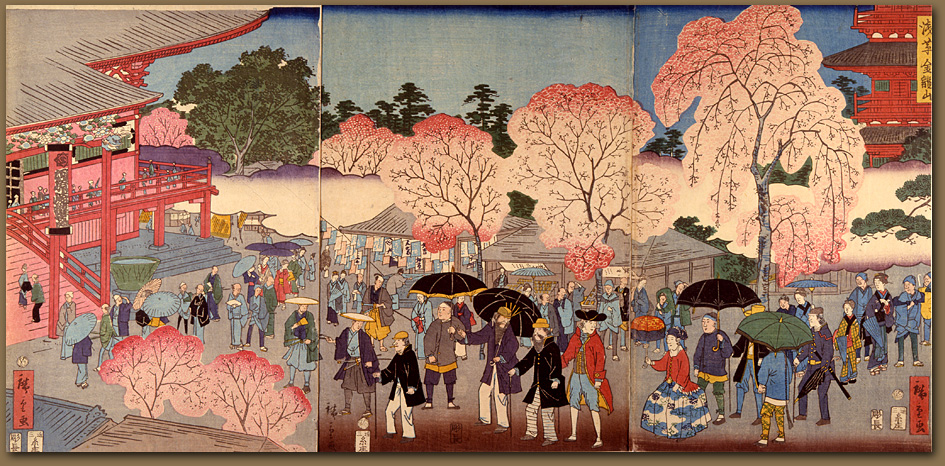 “Temple at Asakusa” by  Hiroshige II, 1861 Prints from the collection of Leonhardt, exhibited in the Sackler Gallery of the Smithsonian Institution