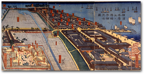 "Complete Detailed View of Yokohama Honchō and the Miyozaki Quarter" by Sadahide, 1860
