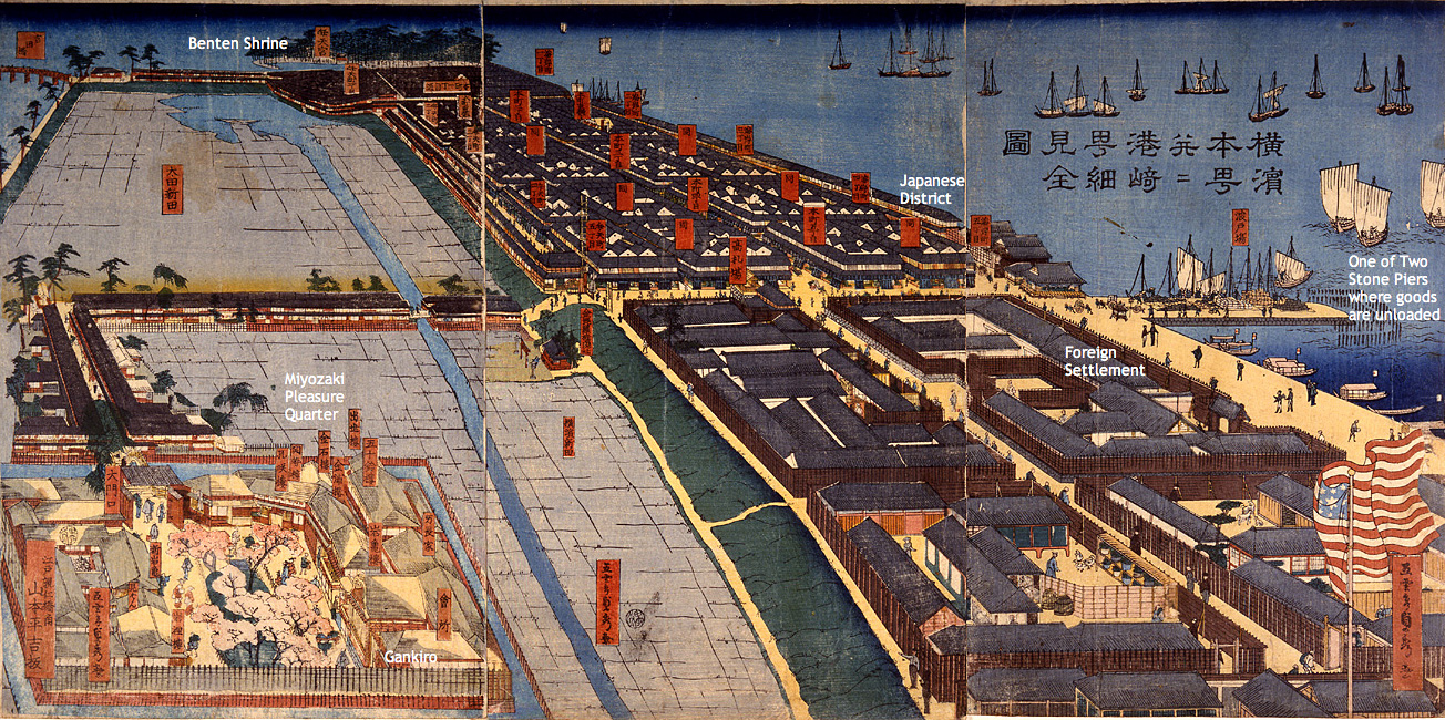 "Complete Detailed View of Yokohama Honch? and the Miyozaki Quarter" (with place names) by Sadahide, 1860