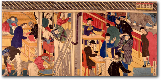 “Picture of a Salesroom in a Foreign Mercantile Firm in Yokohama” by Sadahide, 1861