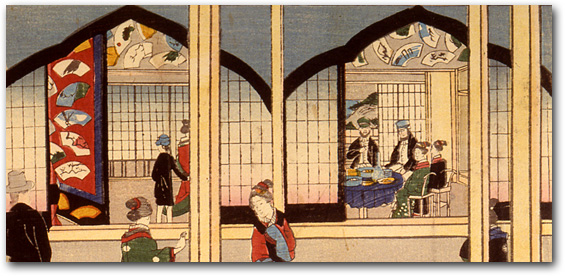 “Picture of Foreigners' Revelry at the Gankirō in the Miyozaki Quarter of Yokohama” by Yoshikazu, 1861 (details below) [Y0148] Arthur M. Sackler Gallery, Smithsonian Institution