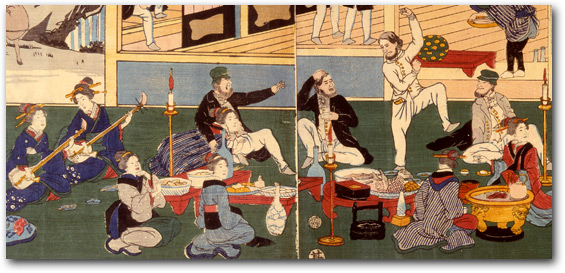 “Picture of Foreigners' Revelry at the Gankirō in the Miyozaki Quarter of Yokohama” by Yoshikazu, 1861 (details below) [Y0148] Arthur M. Sackler Gallery, Smithsonian Institution