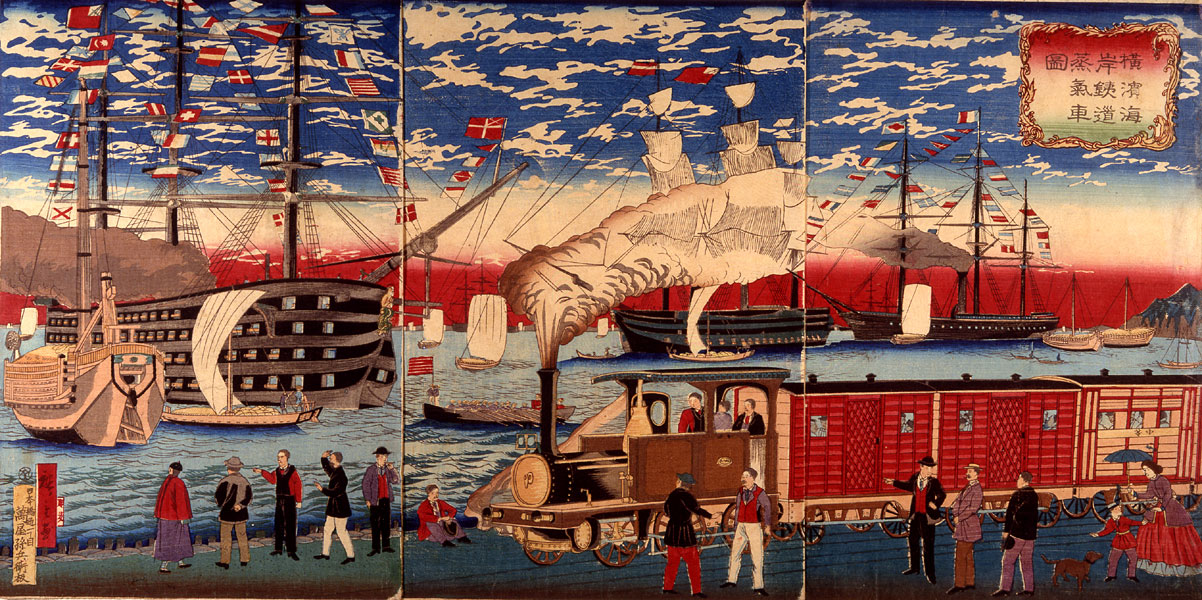 “Picture of a Steam Locomotive along the Yokohama Waterfront” by Hiroshige III, ca. 1874 [Y0182]  Arthur M. Sackler Gallery, Smithsonian Institution