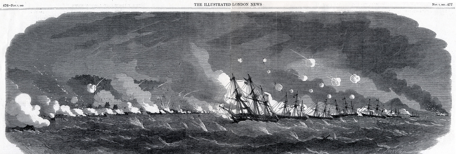 British fleet bombarding Kagoshima in August 1863. (detail) [YILN101] Illustrated London News, November 7, 1863